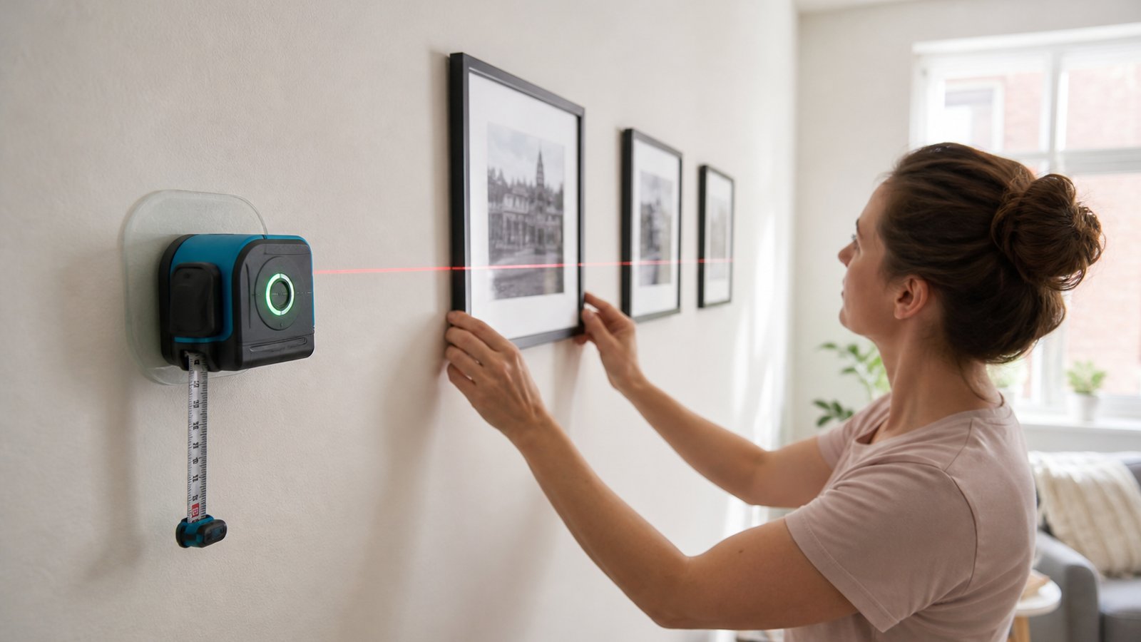 Wall-mount line laser guiding picture hooks on a UK wall
