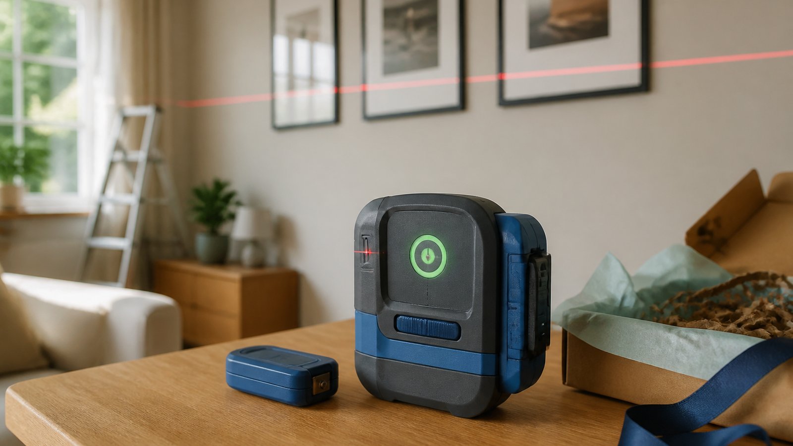 Gift-ready compact wall line laser on a wooden table